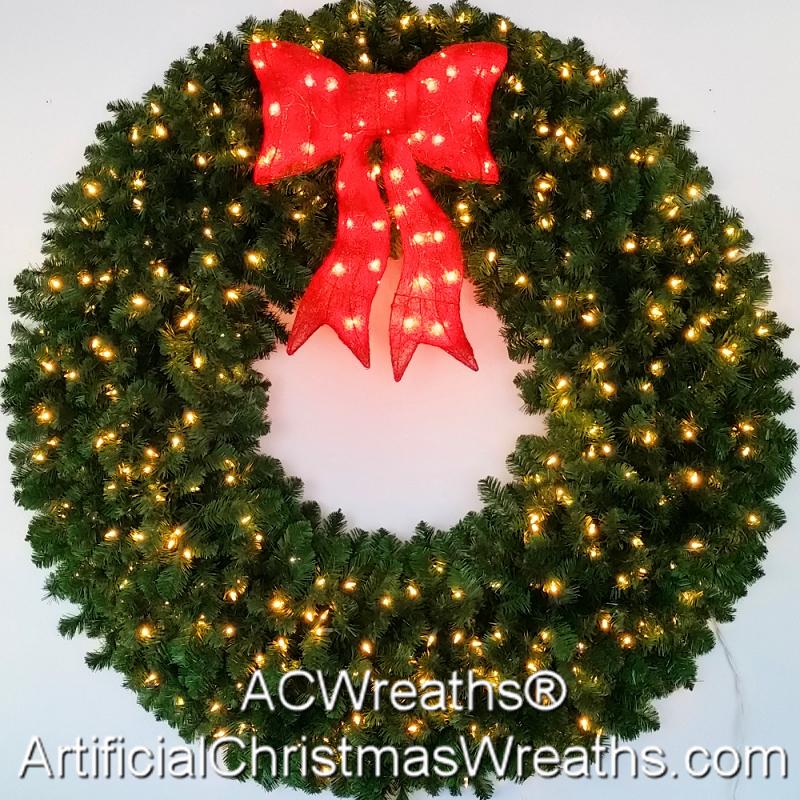 CGC 60cm Green & Red Bow Luxury Extra Large Pre lit LED Green Christmas Wreath Indoor or Outdoor